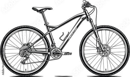 Modern Mountain Bike Illustration Featuring Hardtail Frame Suspension Fork And Disc Brakes Isolated Black Line Art For Outdoor Sports Design
