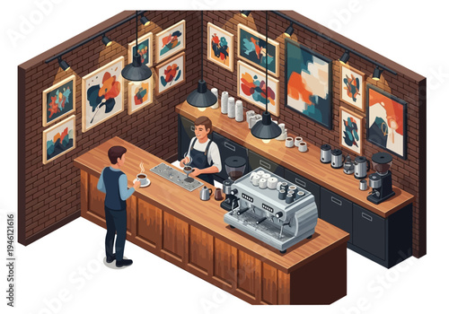 Isometric view of a modern coffee shop interior with a barista serving a customer at the counter, showcasing artwork on the walls