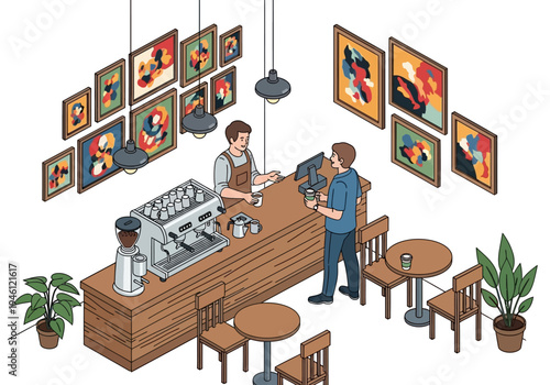 Interior view of a modern art gallery cafe with patrons and baristas serving coffee amidst displayed paintings