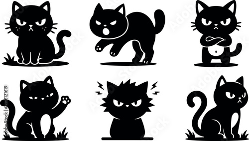 Flat design angry black cat silhouettes showing different poses and emotions with tails and paws visible in minimalist style