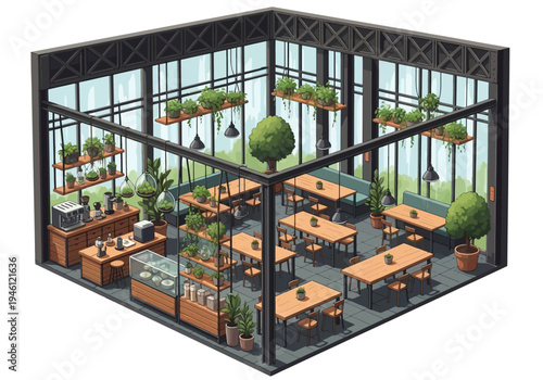 Cozy isometric cafe interior with plants and seating areas, bathed in natural light from large windows
