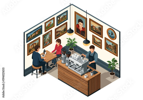 Cozy art gallery cafe with visitors enjoying coffee and paintings displayed on walls