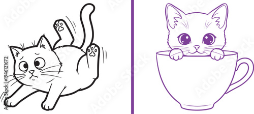 Two vector illustrations of kittens: one worried cat tumbling on its back in black line art, and a cute purple-outlined kitten peeking out of a teacup with large, expressive eyes.