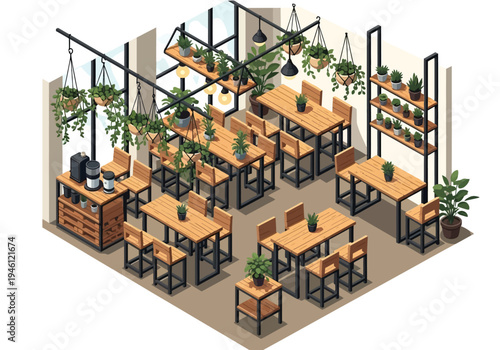 Isometric view of a modern cafe interior with wooden tables, chairs, and hanging plants, creating a cozy atmosphere for patrons