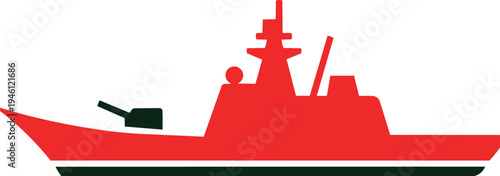 Red Military Warship Sailing on Ocean with Radar Tower