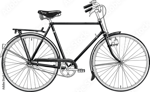 Vintage Classic Men's Roadster Bicycle Illustration Featuring A Leather Spring Saddle Rear Luggage Rack And Full Chain Guard Vector Art