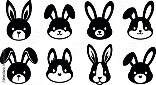 Simple black and white vector art of eight cute cartoon bunny faces with various ear shapes and facial expressions isolated on white background