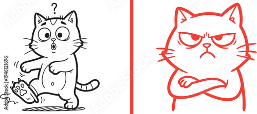 A split vector featuring a startled, clumsy black-and-white cartoon cat tripping and a grumpy, arms-crossed red-line cat showing pure annoyance.
