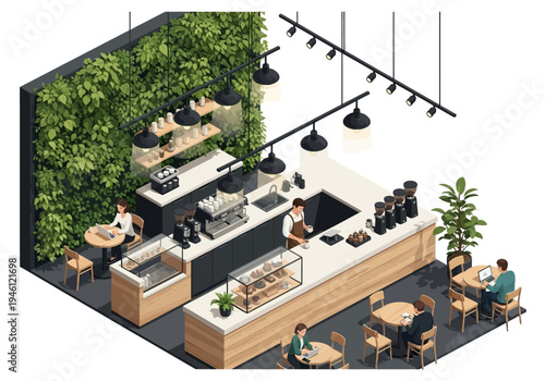 Modern coffee shop interior with green wall, seating, and baristas serving customers