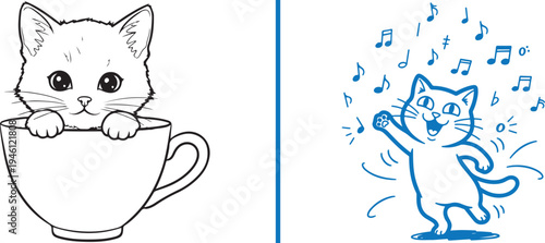 A two-panel vector featuring a cute black-and-white kitten peeking out of a teacup and a blue line-art cat joyfully dancing under a shower of musical notes.