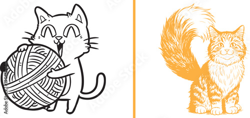 Vector illustration of two happy cats: a simple line-art kitten hugging a large ball of yarn and a detailed, fluffy orange tabby sitting contentedly. A playful and warm feline duo.