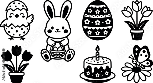 Cute vector illustration set of bunny holding basket eggs chick hatching from egg decorated flower pot tulips cake with candle and butterfly on daisy