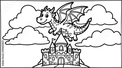 Cute cartoon style smiling dragon flying above medieval stone castle with clouds in background vector illustration