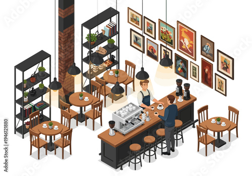 Isometric view of a cozy cafe interior, showcasing a barista serving a customer at the counter with coffee machines and seating areas