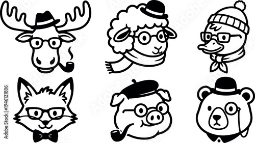 Black and white vector line art animal heads wearing hats glasses and smoking pipes minimalistic illustration collection