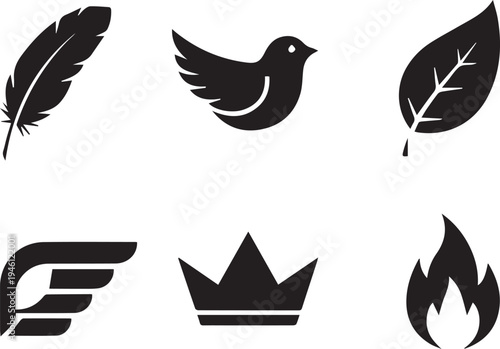 Silhouette icons of feather bird leaf flame crown and letter f