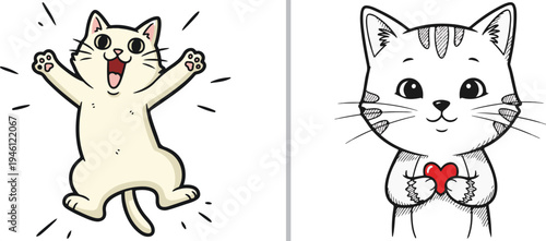 Two-panel vector illustration of cute cats: one joyful cream-colored cat jumping with excitement and a grey tabby cat holding a small red heart, expressive and charming cartoon style.