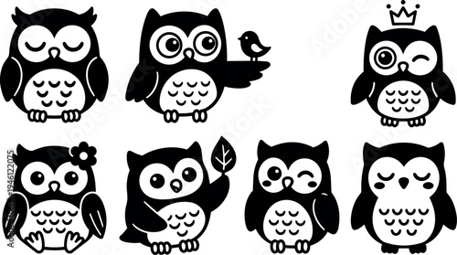 Cute black and white owl vector icons set with various expressions holding leaf bird flower and crown designs