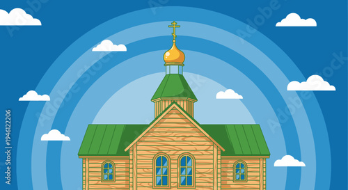 Wooden Orthodox Church with Golden Dome and Green Roof, Surrounded by Blue Sky and Clouds, Vector Illustration for Religious and Cultural Themes