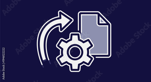 Workflow Process Icon with Gear and Document, Circular Arrow Symbolizing Automation and Data Management, Clean Vector Graphic for Business and Technology Concepts