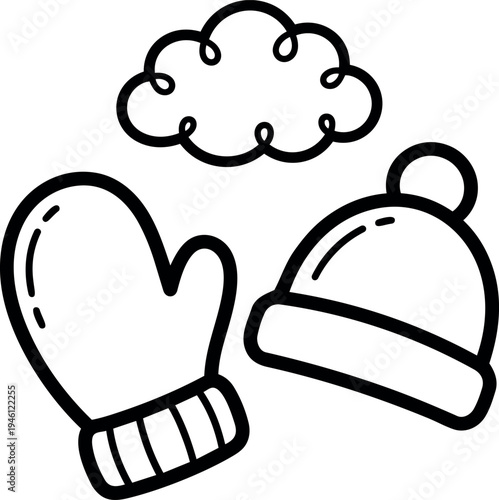 Simple black line art of winter mittens wool hat and cloud icon set collection isolated on white background vector illustration