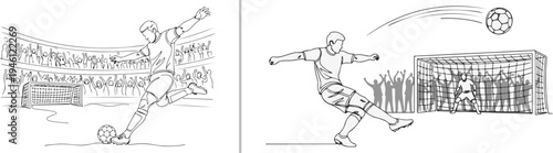 Two-panel outline vector illustration showing a soccer player kicking a ball into the air toward a goal, featuring a crowded stadium with cheering fans and a goalkeeper in position.