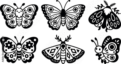 Flat design black and white vector art set of six decorative butterflies and moths with symmetrical wings and floral patterns