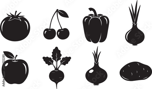 Silhouette of various vegetables and fruits in two rows