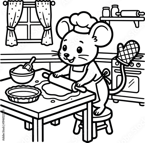 Cute mouse chef rolling dough on kitchen table baking pie with oven mitt in cozy kitchen scene vector art