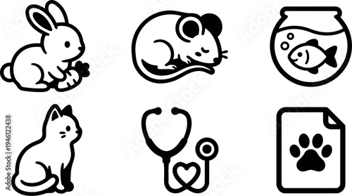 Minimalist black and white vector icons of bunny holding carrot sleeping mouse fish in bowl sitting cat stethoscope and paw print document