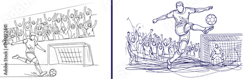 Two-panel blue line art vector of a soccer player kicking a ball toward the goal and performing a bicycle kick in a stadium filled with a cheering crowd and excited fans.
