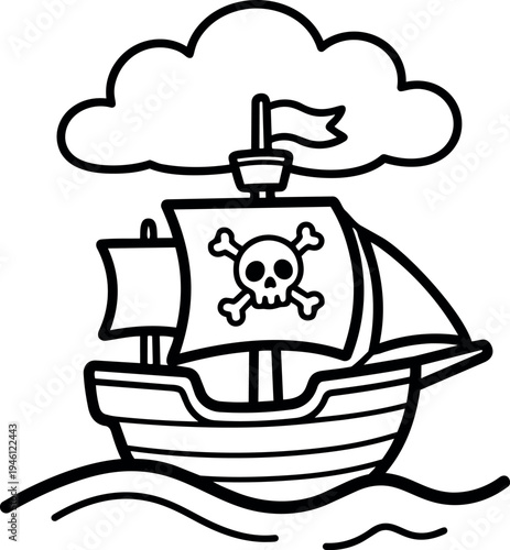 Simple black and white pirate ship with skull and crossbones flag sailing on wavy sea with cloud in background vector line art