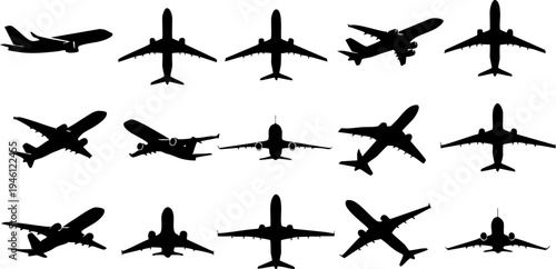 Modern vector illustration of flying commercial passenger airplanes in various top-down and side views
