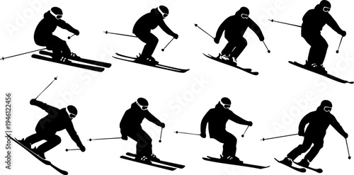 Collection of dynamic vector graphic silhouettes of skiers actively engaged in different winter sports movements.