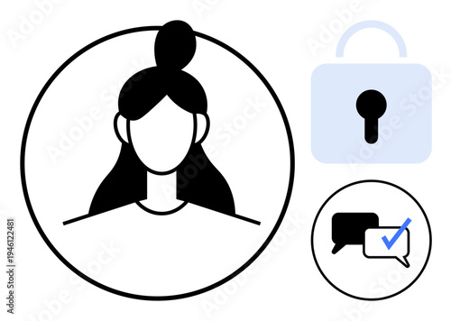 Female user avatar with lock symbol for security and chat bubbles with a check mark for message verification. Ideal for identity protection, communication, privacy, security, authentication, user