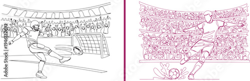 Vector line drawings of soccer players in a stadium. Left: a player kicking toward a goalie. Right: pink line art of a striker shooting at the goal amidst a dense, cheering crowd.