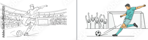 Vector sketches of soccer players kicking a ball toward the goal. One is a monochrome line drawing in a stadium; the other adds teal and yellow tones with a cheering crowd background.