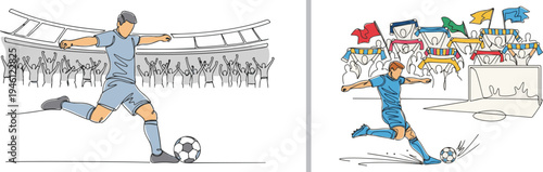 Two-panel vector illustration of a soccer player in a blue uniform kicking a ball in a crowded stadium with cheering fans and colorful flags.
