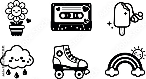 Cute smiling flower cassette tape shiny ice cream happy cloud rainy weather roller skate and cheerful rainbow vector icons set