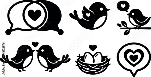 Black silhouette birds with heart symbols in love speech bubbles and nest vector icons set minimal style