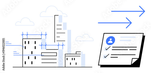 Skyscraper under construction with scaffolding beside a checklist document and arrows representing process flow. Ideal for construction, city planning, project management, engineering, architecture