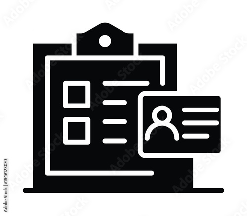 Black and White Icon of Document and ID Card on Clipboard Background