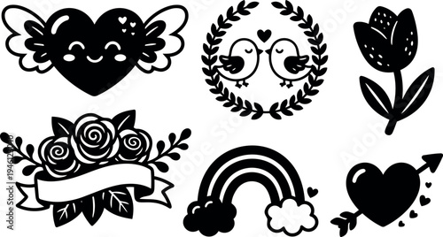 Cute black silhouette love icons including smiling heart with wings kissing birds in wreath rose bouquet tulip flower rainbow and heart with arrow vector illustration