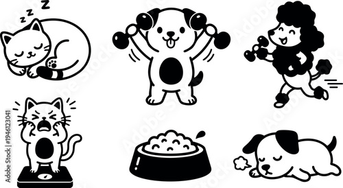 Cute cartoon cat sleeping and crying dog lifting weights playful dog jogging with dumbbells cute puppy sleeping and bowl of pet food vector art