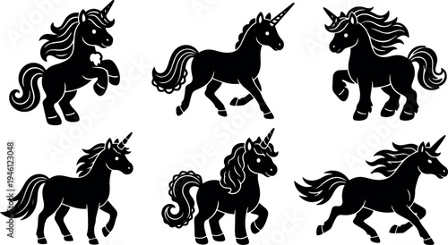 Vector flat design silhouettes of six playful unicorns in various poses with flowing manes and tails isolated on white background