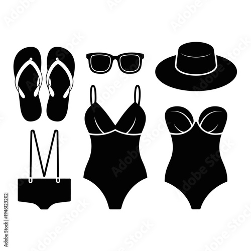 A minimalistic depiction of beachwear essentials includes bikinis, flip-flops, sunglasses, and a hat