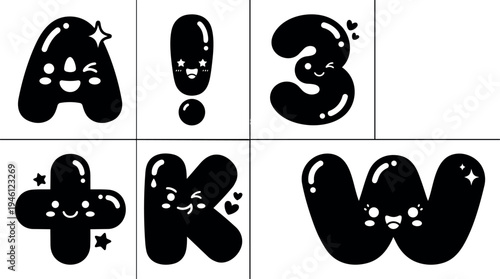 Cute kawaii style smiling alphabet letters a exclamation mark three plus and letter k with hearts and stars vector art illustration