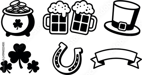 Flat design vector icon set of pot of gold shamrock beer mugs horseshoe leprechaun hat and ribbon banner in black and white