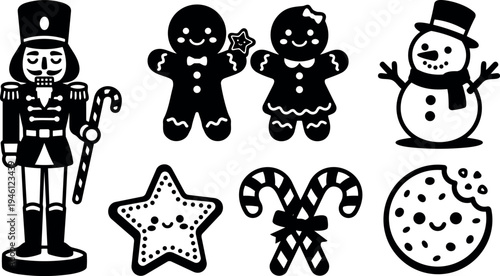 Black and white vector art set of christmas nutcracker soldier gingerbread couple star cookie snowman candy cane festive holiday icons