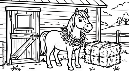 Smiling horse with flower wreath standing by barn door and hay bale on grassy farm landscape vector art